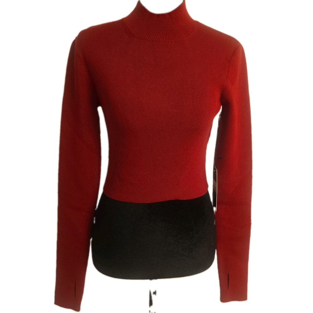 GSTQ Women's M/L Berry Cropped Ribbed Sweater Open Back Mock Neck NWT